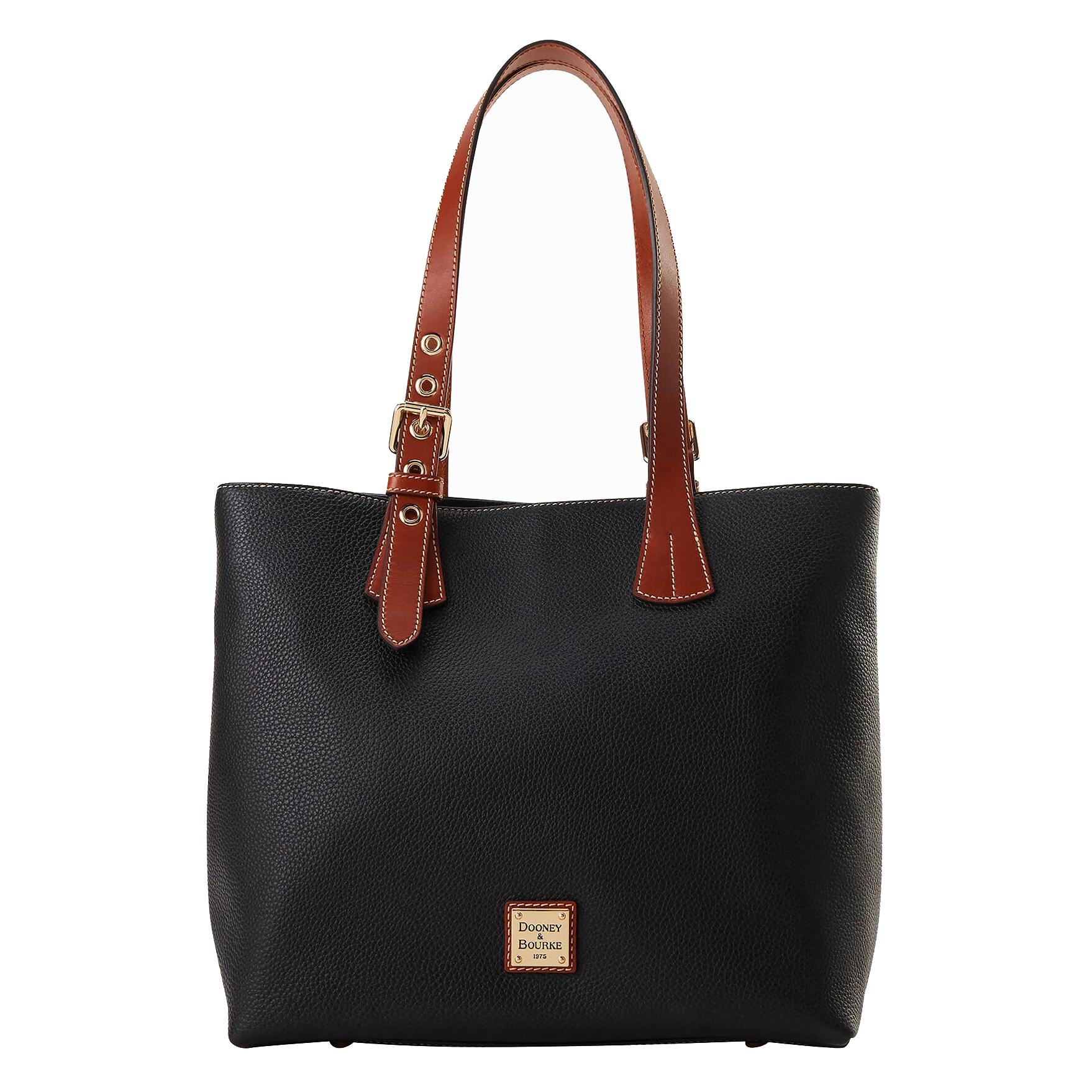 Black leather tote bag with brown leather straps and gold buckle accents, featuring a small \“Dooney & Bourke\“ logo on the front.