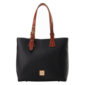 Black leather tote bag with brown leather straps and gold buckle accents, featuring a small \“Dooney & Bourke\“ logo on the front.