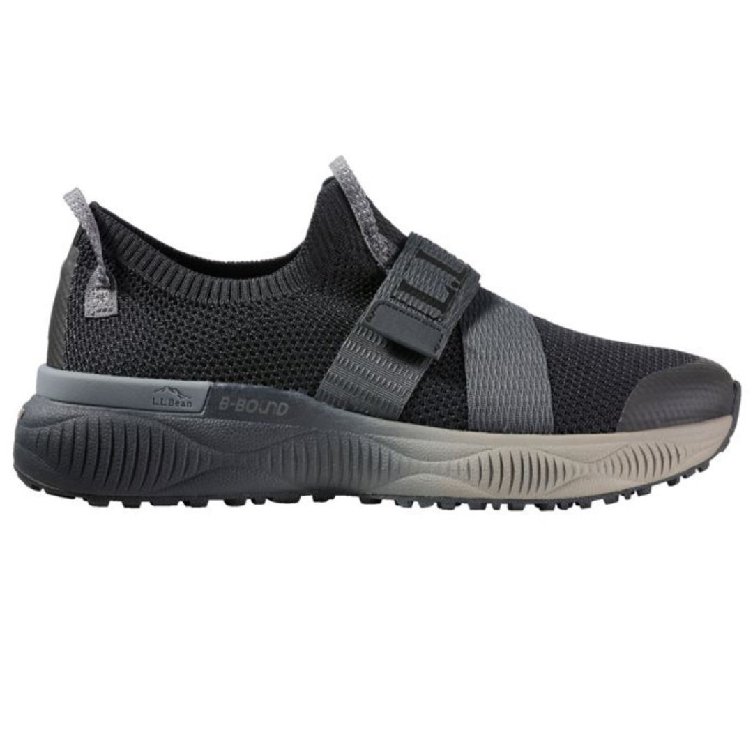 A black slip-on athletic shoe from L.L. Bean with a breathable mesh upper, adjustable strap, and textured sole for traction.