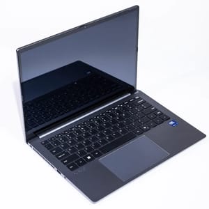 A sleek, open laptop with a modern design, featuring a visible Intel Inside sticker near the touchpad and a reflective screen.