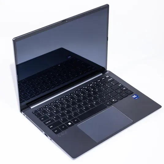 A sleek, open laptop with a modern design, featuring a visible Intel Inside sticker near the touchpad and a reflective screen.