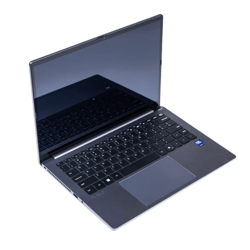 A sleek, open laptop with a modern design, featuring a visible Intel Inside sticker near the touchpad and a reflective screen.