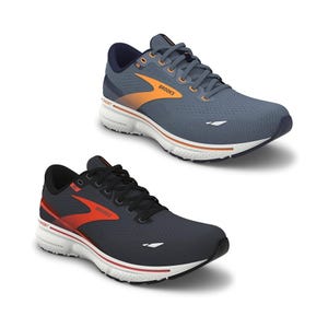Two pairs of Brooks running shoes, one in blue with orange accents and another in black with red accents.