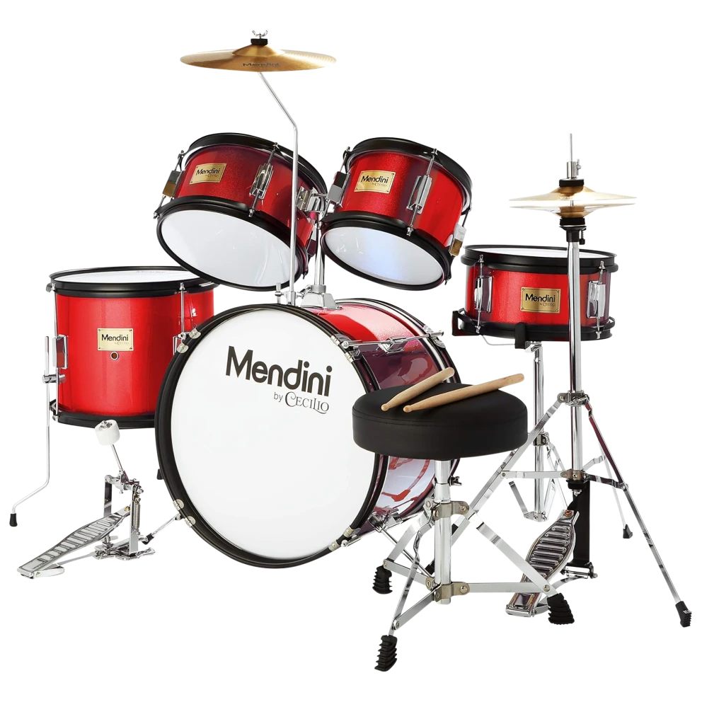 Red Mendini by Cecilio kids' drum set with bass drum, two mounted toms, snare, floor tom, hi-hat, crash cymbal, and stool, including drumsticks.