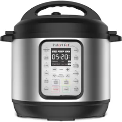 Instant Pot Duo Plus, a multifunctional electric pressure cooker with buttons for various cooking modes like pressure cook, slow cook, sauté, and more, featuring a digital display.