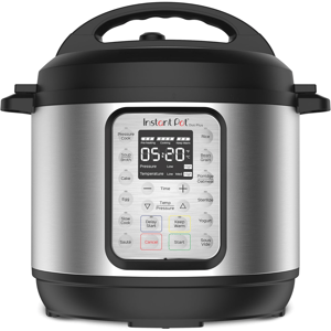 Instant Pot Duo Plus, a multifunctional electric pressure cooker with buttons for various cooking modes like pressure cook, slow cook, sauté, and more, featuring a digital display.