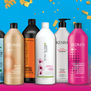 A collection of six hair care bottles from Redken, Matrix, and Kenra, including shampoos and conditioners for color maintenance and smoothing.