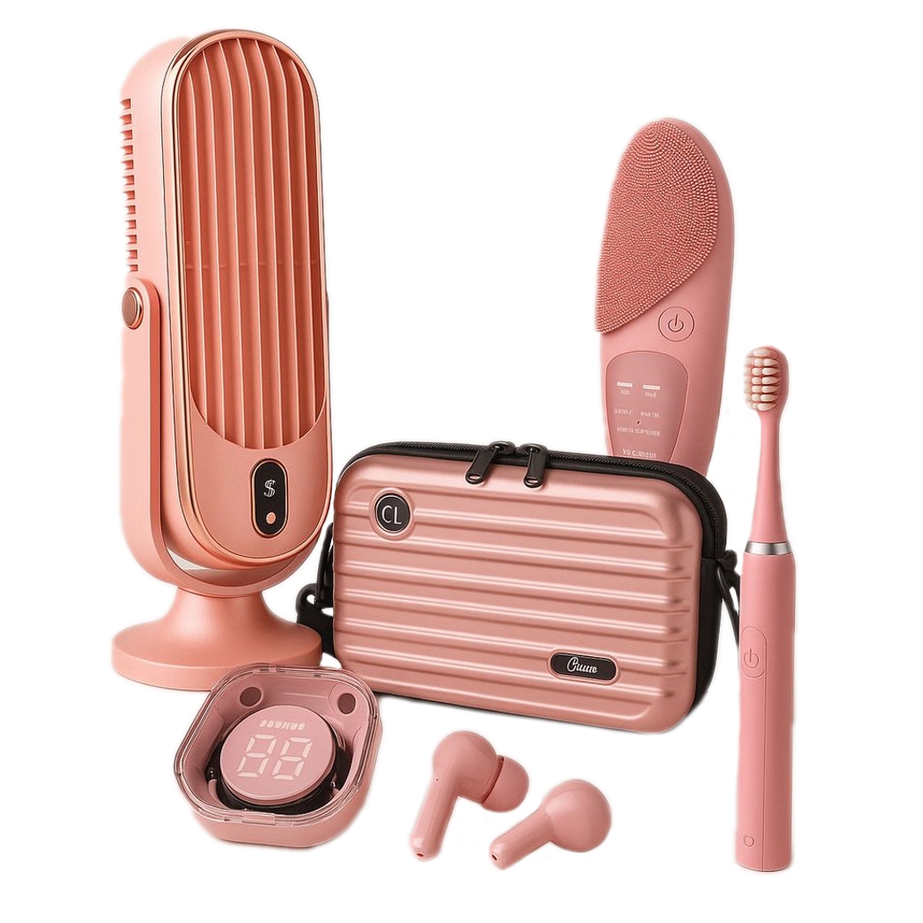 A collection of rose gold travel gadgets including a portable fan, facial cleansing brush, toothbrush, digital clock, wireless earbuds, and a small suitcase-style organizer bag.