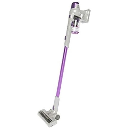 A cordless stick vacuum cleaner with a purple and white color scheme, featuring a slim design and a transparent dustbin near the top.