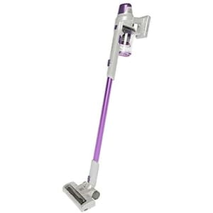 A cordless stick vacuum cleaner with a purple and white color scheme, featuring a slim design and a transparent dustbin near the top.