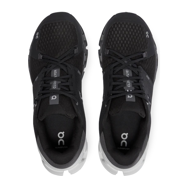 A pair of black On Cloud X running shoes with white soles viewed from above.