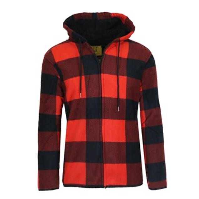 Two red and black checkered Sherpa-lined hoodies with full-length zippers and hoods.