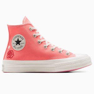 Pink high-top Converse Chuck Taylor All Star sneaker with a rose embroidery on the side.