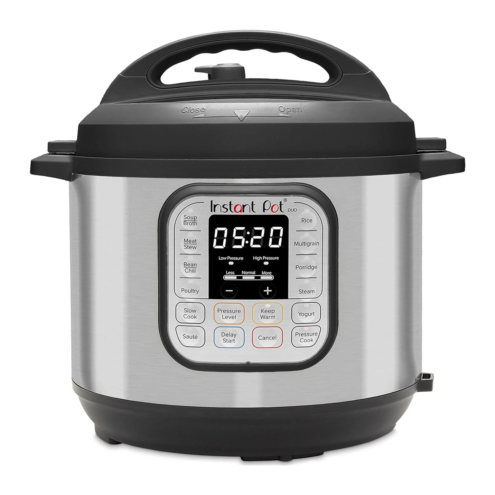 Instant Pot Duo multi-functional electric pressure cooker with digital control panel.