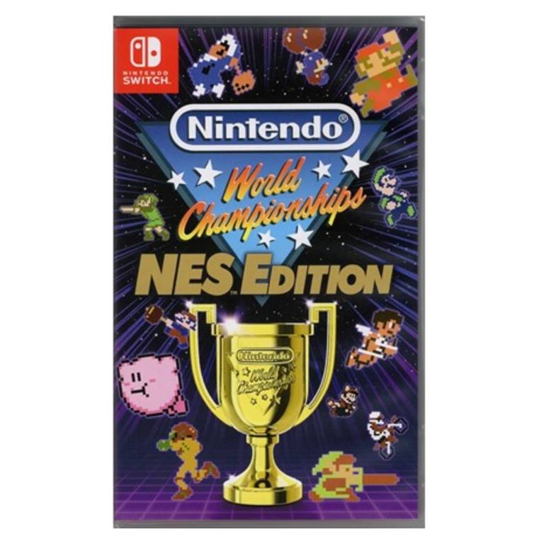 Nintendo World Championships NES Edition for Nintendo Switch features retro characters like Mario, Link, and Kirby on the cover with an illustrated trophy, highlighting a nostalgic gaming competition theme.