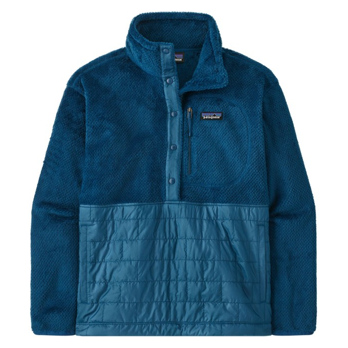 Blue fleece pullover with a quilted lower section and a zippered chest pocket.
