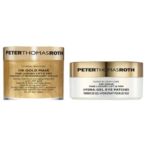 Peter Thomas Roth 24K Gold Mask and 24K Gold Hydra-Gel Eye Patches, both for luxury lift and firming, suitable for all skin types.