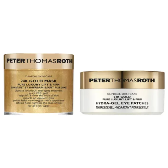 Peter Thomas Roth 24K Gold Mask and 24K Gold Hydra-Gel Eye Patches, both for luxury lift and firming, suitable for all skin types.