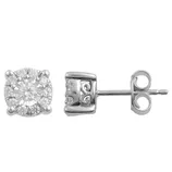 Pair of stud earrings featuring round, clear gemstones set in a silver or white metal prong setting, with a butterfly push back closure.
