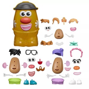 A Mr. Potato Head set with interchangeable parts, including eyes, ears, mouths, glasses, hats, and feet, allowing for creative customization.