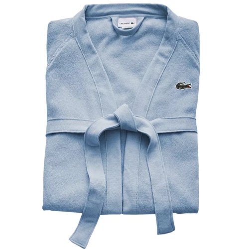 Light blue bathrobe with a tie belt and a small embroidered crocodile logo.