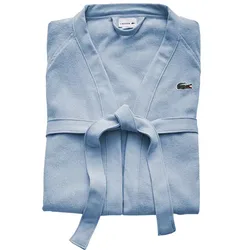 Light blue bathrobe with a tie belt and a small embroidered crocodile logo.