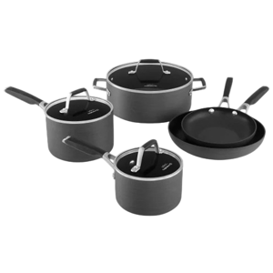 Cookware set including two saucepans with lids, a large pot with lid, and a frying pan, all in a matte black finish.
