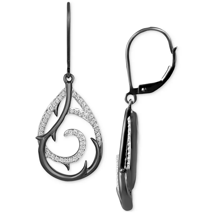 Black metal teardrop earrings with a swirling, thorn-like design, embellished with small sparkling stones. The earrings feature a secure lever-back closure.