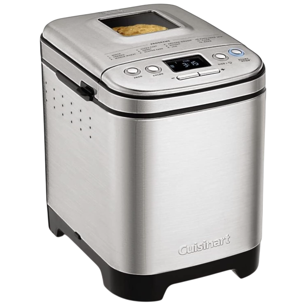A stainless steel bread maker with a digital display, buttons for program options, and a viewing window on top, by Cuisinart.