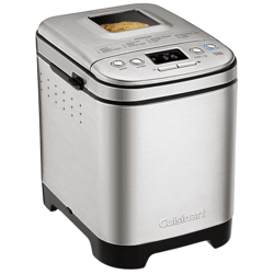 A stainless steel bread maker with a digital display, buttons for program options, and a viewing window on top, by Cuisinart.