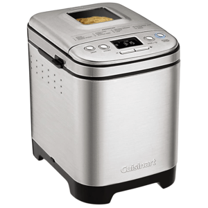 A stainless steel bread maker with a digital display, buttons for program options, and a viewing window on top, by Cuisinart.