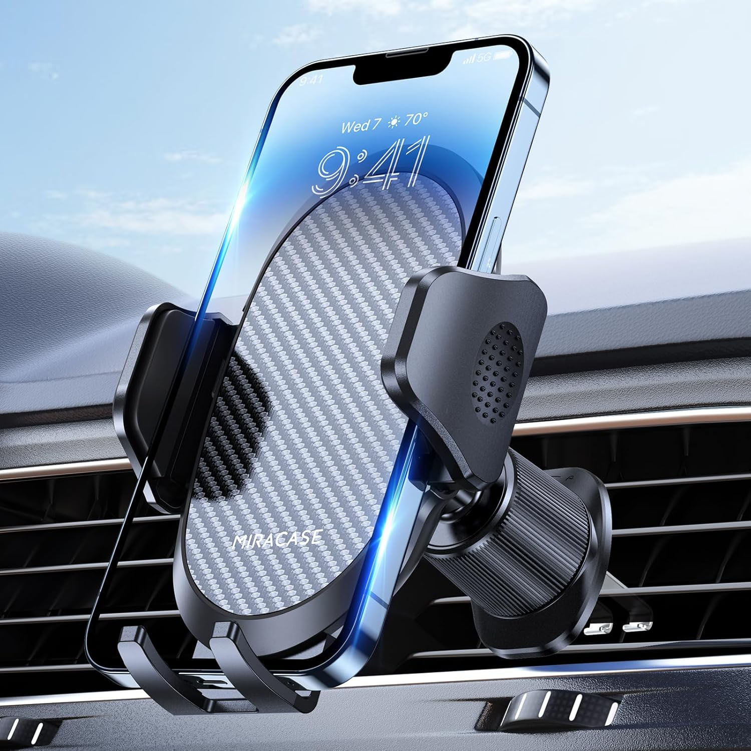 A smartphone mounted on a car air vent holder with adjustable grips and a textured backing, designed for secure in-car use.