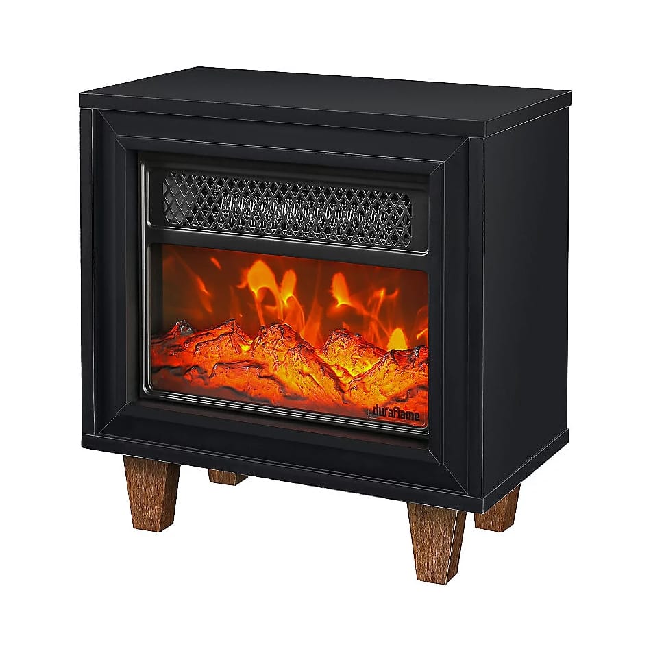 Duraflame Portable Heater with a black finish features realistic flame effects and sits on four wooden legs, providing both aesthetics and warmth.