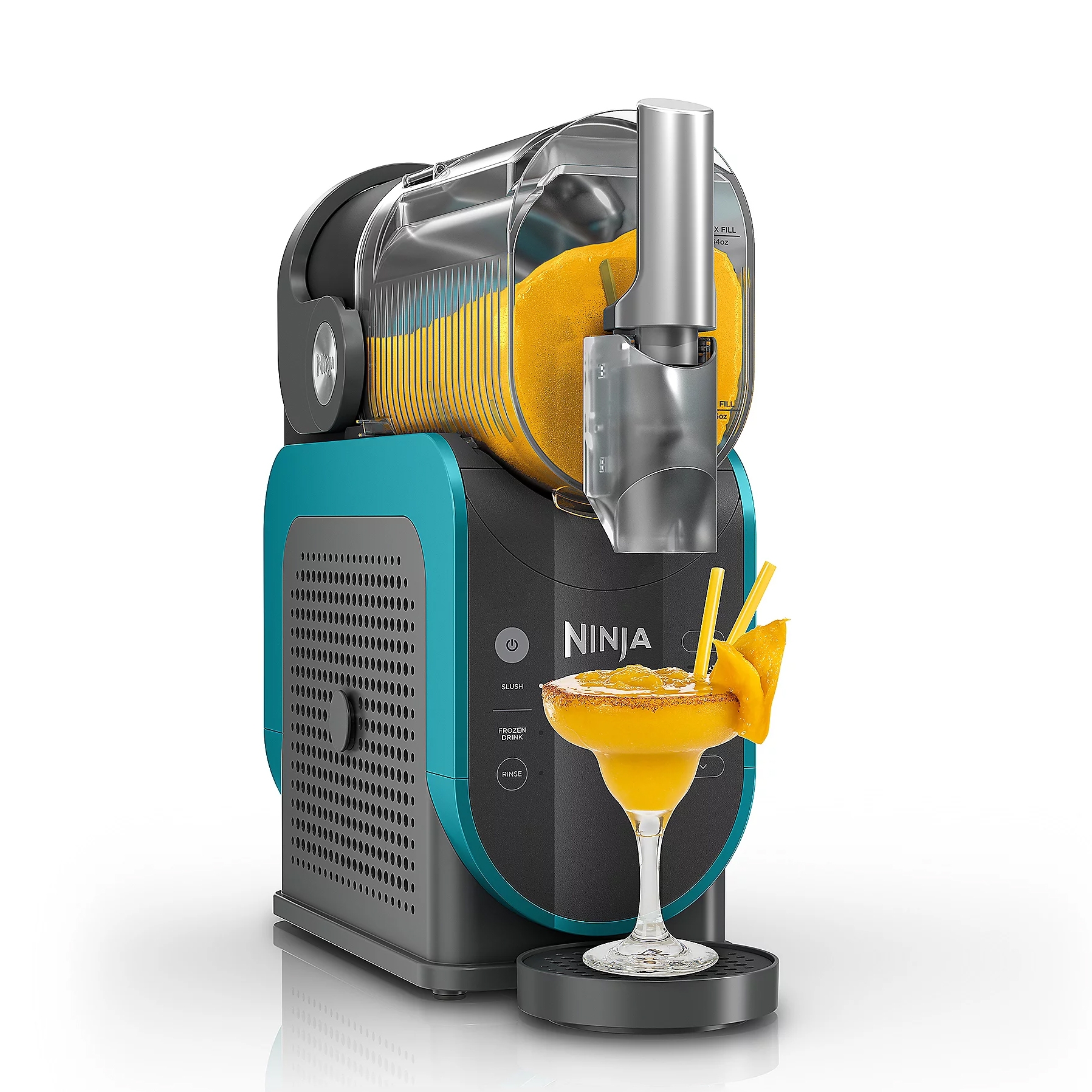 A Ninja slushie and drink maker dispenses a frozen mango beverage into a cocktail glass garnished with mango slices and served with a straw.