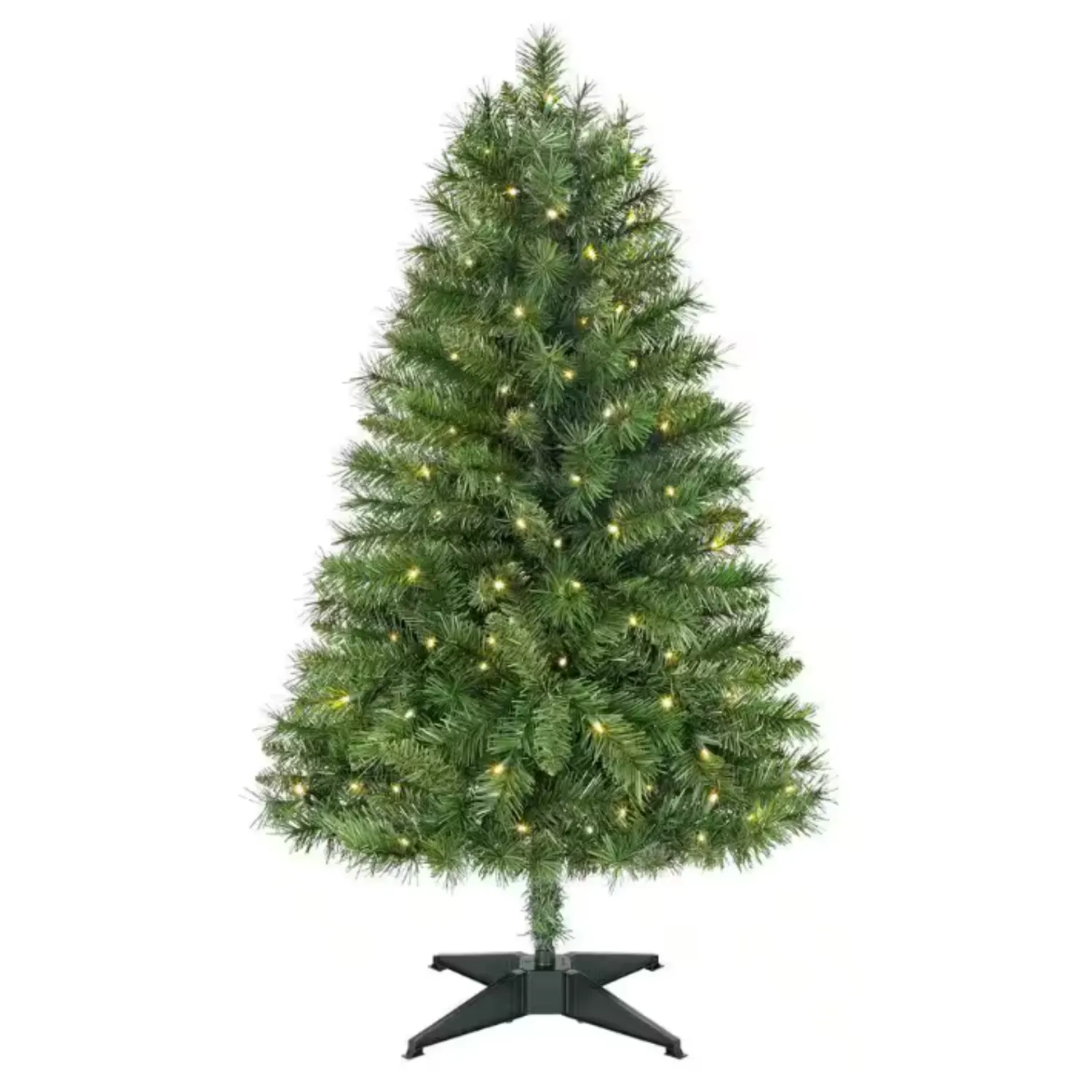 A 4-foot pre-lit artificial Christmas tree with dense green foliage and integrated warm white lights, set on a sturdy black stand.
