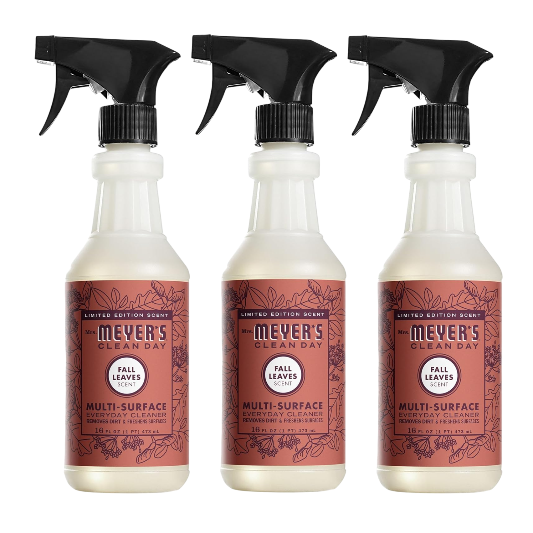 Mrs. Meyer's Clean Day Multi-Surface Everyday Cleaner, Fall Leaves scent, 16 fl oz, 3-pack.
