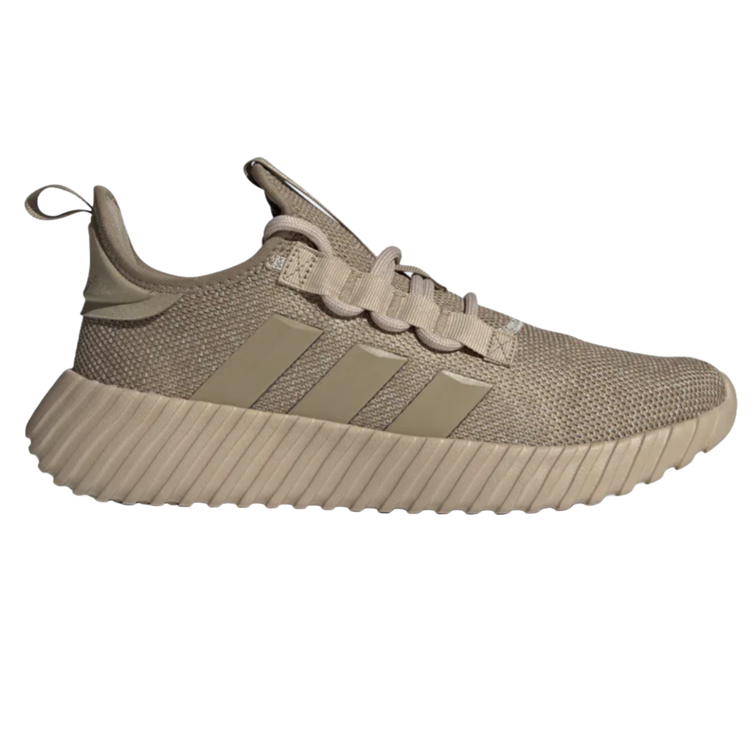 Beige-toned Adidas Kaptir 3.0 shoes with a textured upper, three side stripes, and a ridged sole.