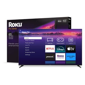 Roku Pro Series TV, 65\“ QLED 4K HDR, with streaming apps like Netflix, Disney+, Apple TV, Peacock, Roku Channel, and Prime Video displayed on the screen.