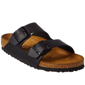 Birkenstock Women's Arizona Sandals feature adjustable black leather straps, contoured cork footbed for comfort, and a durable rubber sole, designed for casual wear.