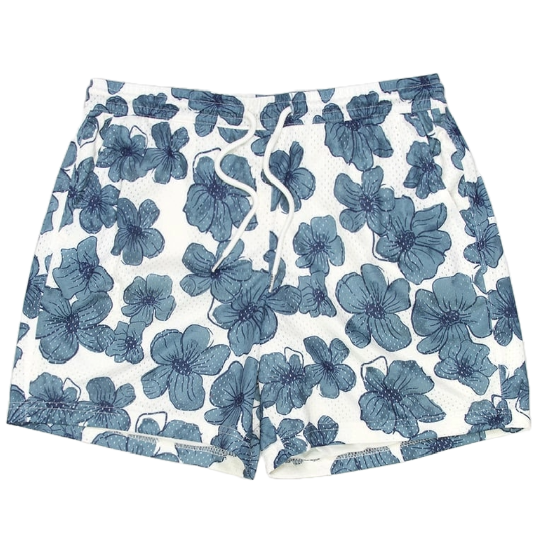 White shorts with a blue floral pattern and an adjustable drawstring waist.