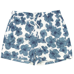 White shorts with a blue floral pattern and an adjustable drawstring waist.