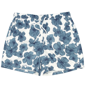 White shorts with a blue floral pattern and an adjustable drawstring waist.