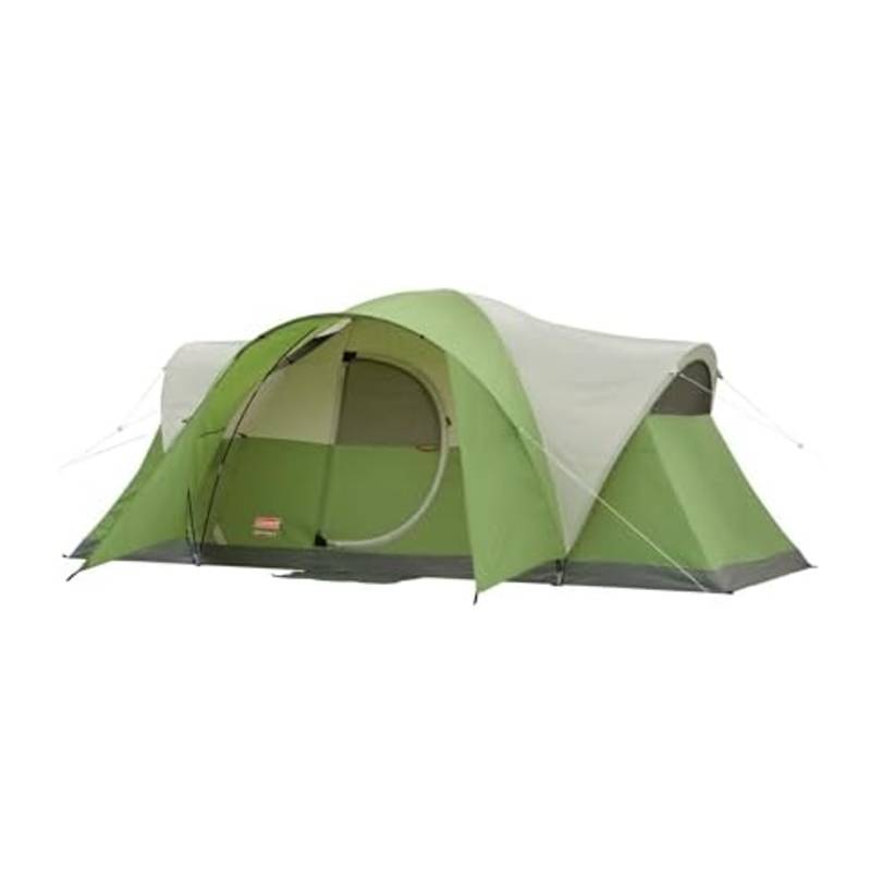 A large, green and beige Coleman 8-Person Tent with a dome shape and extended section for additional space. It features a hinged door and multiple windows, designed for spacious and comfortable camping.
