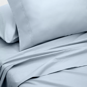 Light blue bed sheet set with a plain design, including a pillowcase and a flat sheet.