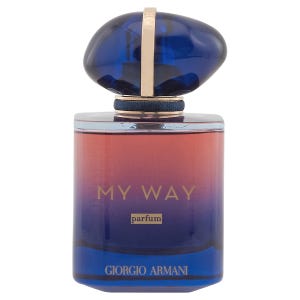 Giorgio Armani \“My Way\“ parfum features a blue, gradient bottle with a dark blue cap and gold accents.