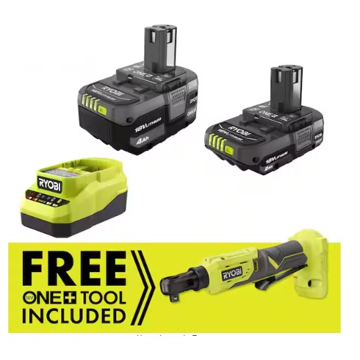 Ryobi ONE+ 18V Cordless Ratchet Kit includes two 4.0 Ah lithium-ion batteries, a charger, and a free cordless ratchet tool.