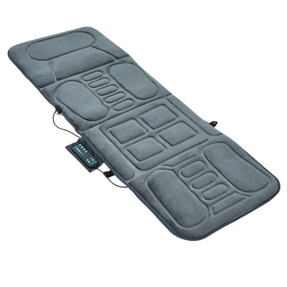 Massage mat with various padded sections and a connected remote control for customizable settings.