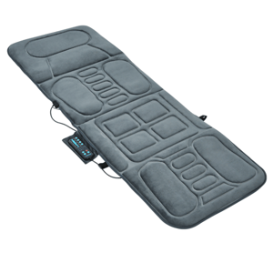 Massage mat with various padded sections and a connected remote control for customizable settings.