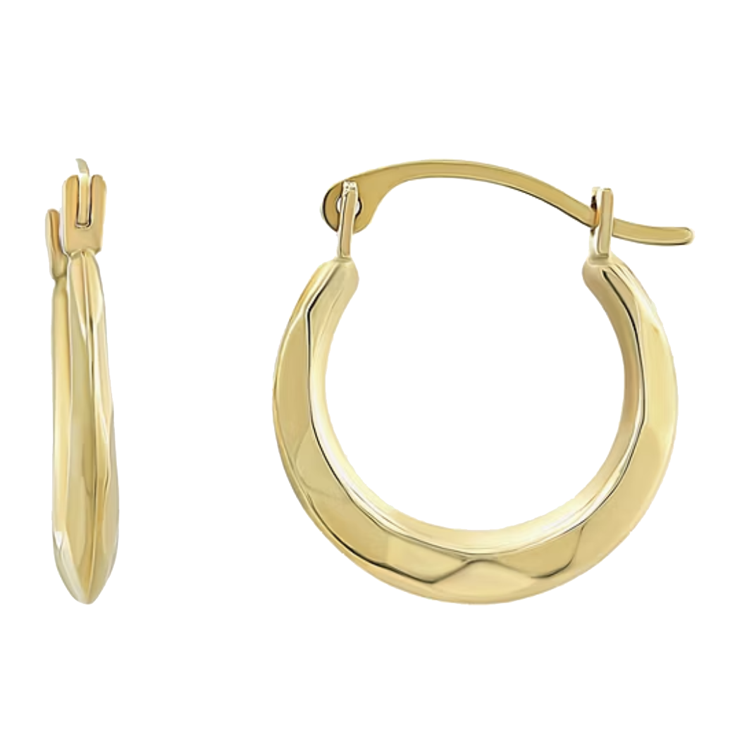 Gold hoop earrings with a faceted design and a hinged clasp.