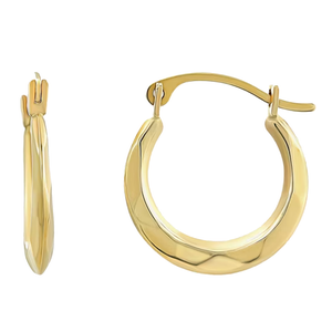 Gold hoop earrings with a faceted design and a hinged clasp.